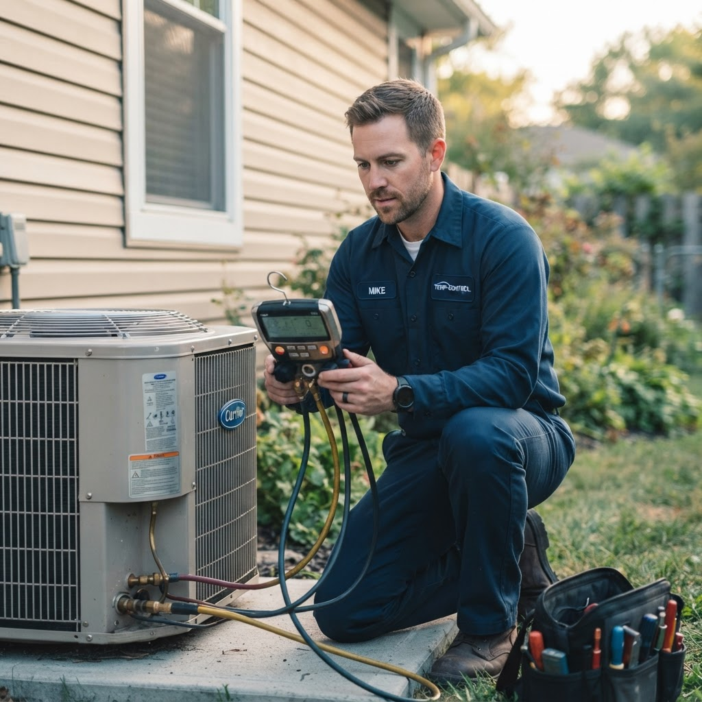 A Summit technician in a navy uniform servicing an outdoor AC condenser unit