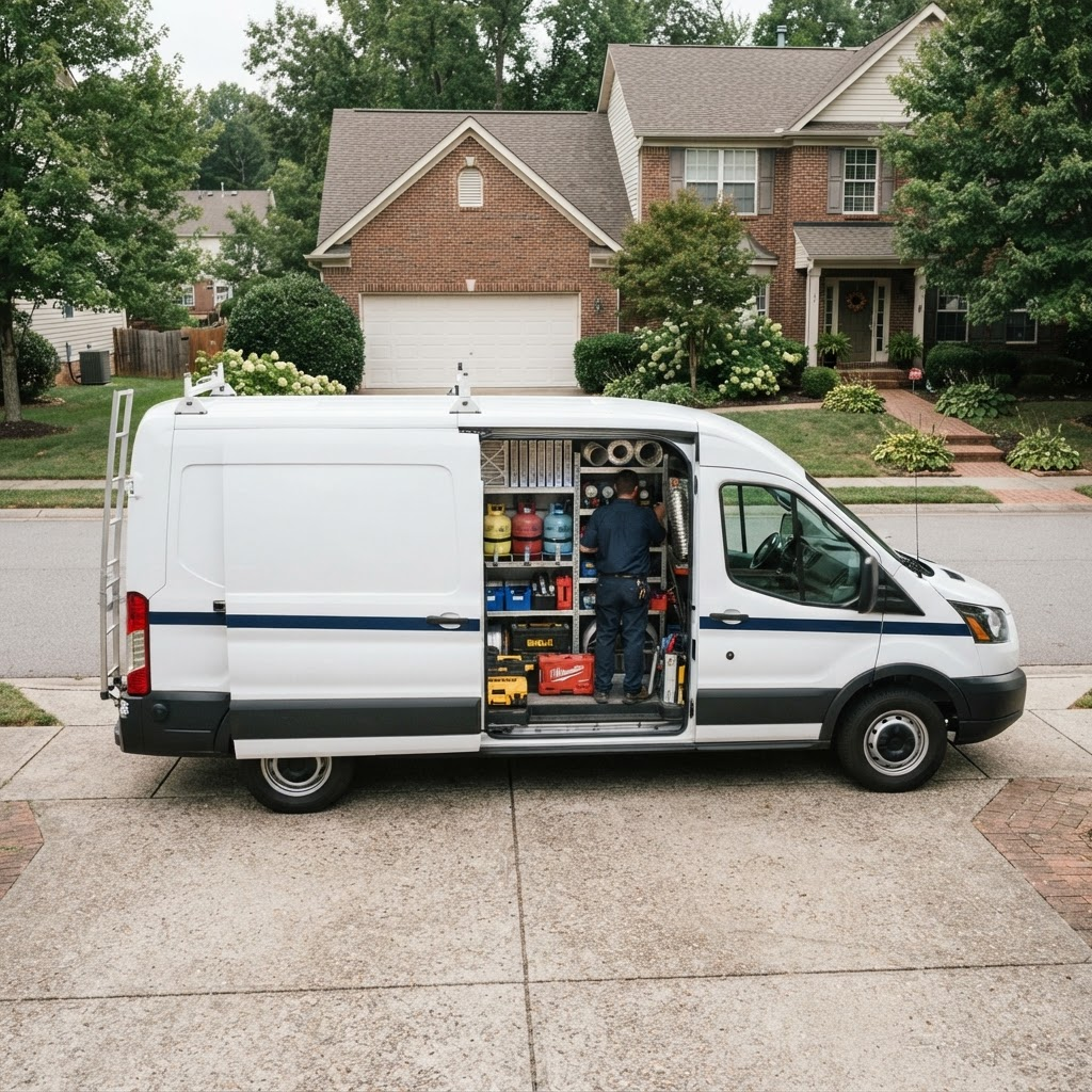 A Summit HVAC service van with its side door open, showing organized shelving of tools, filters, and refrigerant tanks
